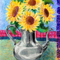 Sunflowers in Mom's Silver Pitcher
